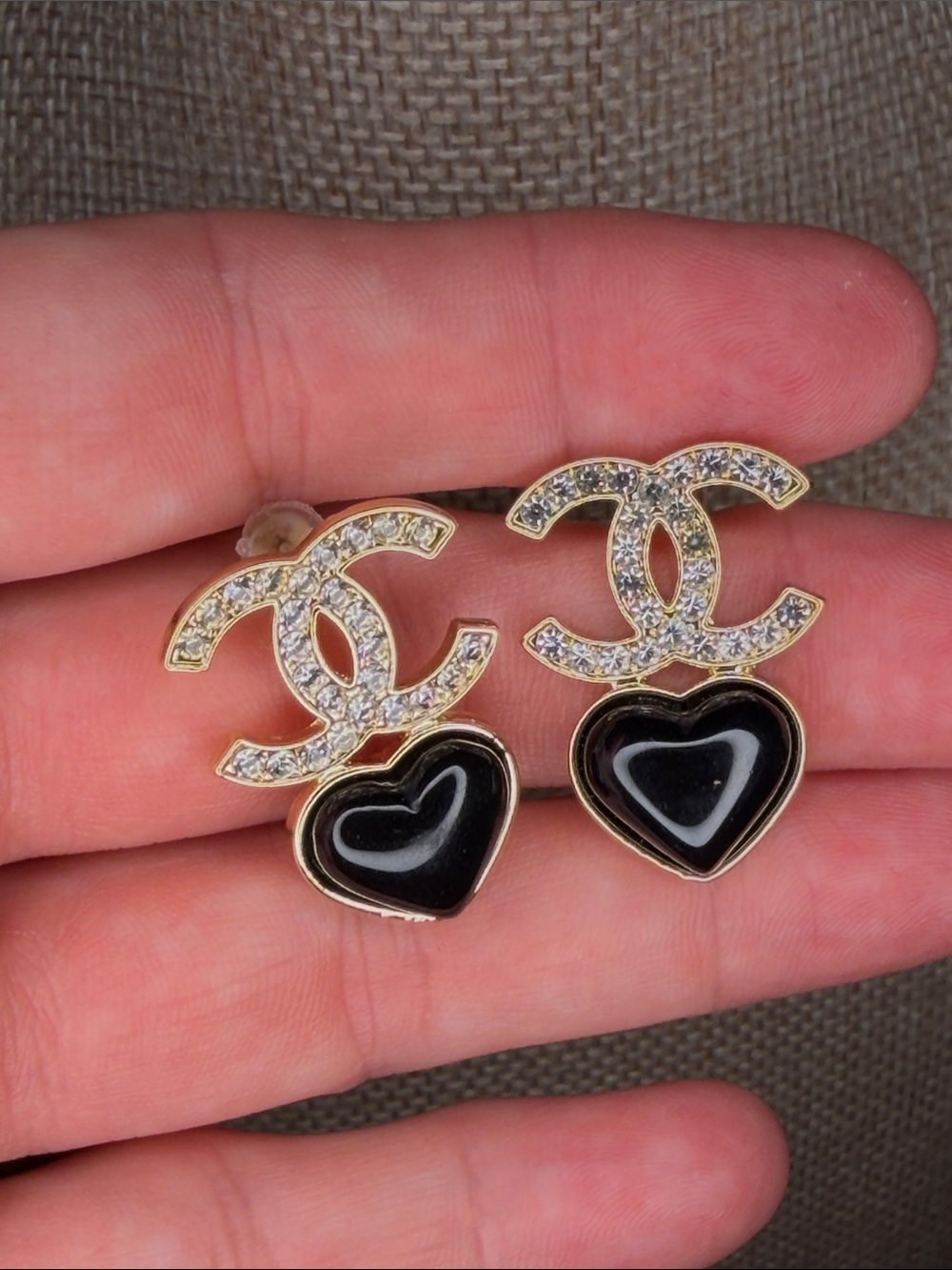 CC Gold tone Crystal CC Heart Drop Earrings with Black Hearts - Picture 2 of 2